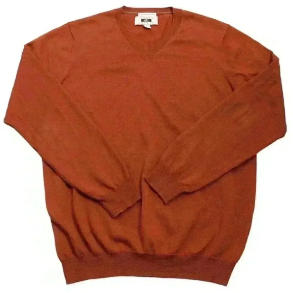 Joseph Abboud Mens Large 100% Extra Fine Merino Wool Burnt Orange V-Neck Sweater - Picture 1 of 9